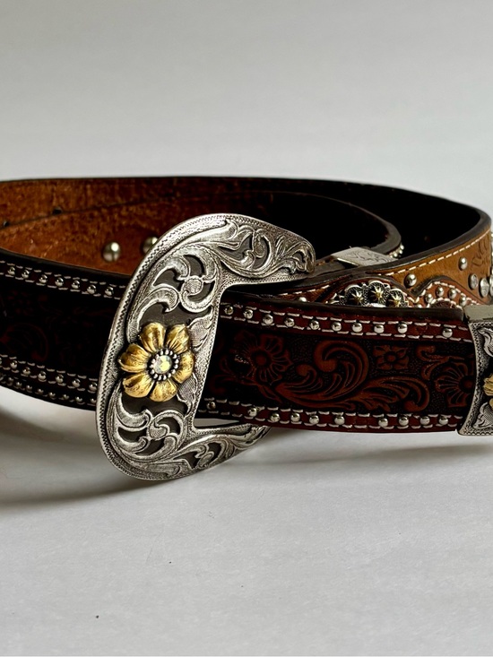 Nocona Accessories - Nocona Women’s Western Tooled Leather Brown Rhinestone Buckle Belt
